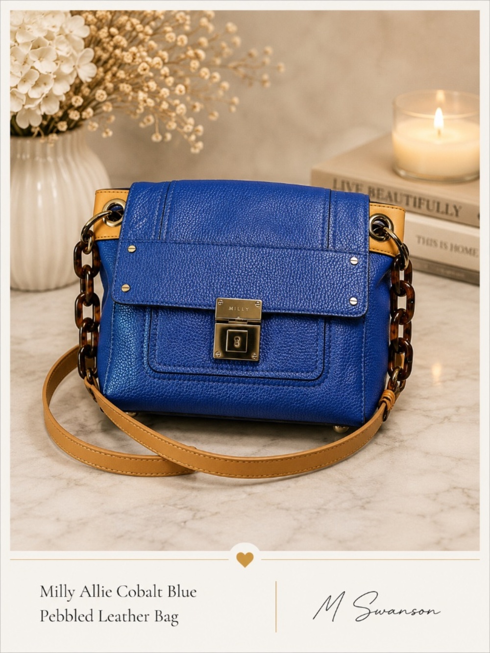 Milly Allie Cobalt Blue Pebbled Leather Shoulder Bag Tortoiseshell Chain EUC